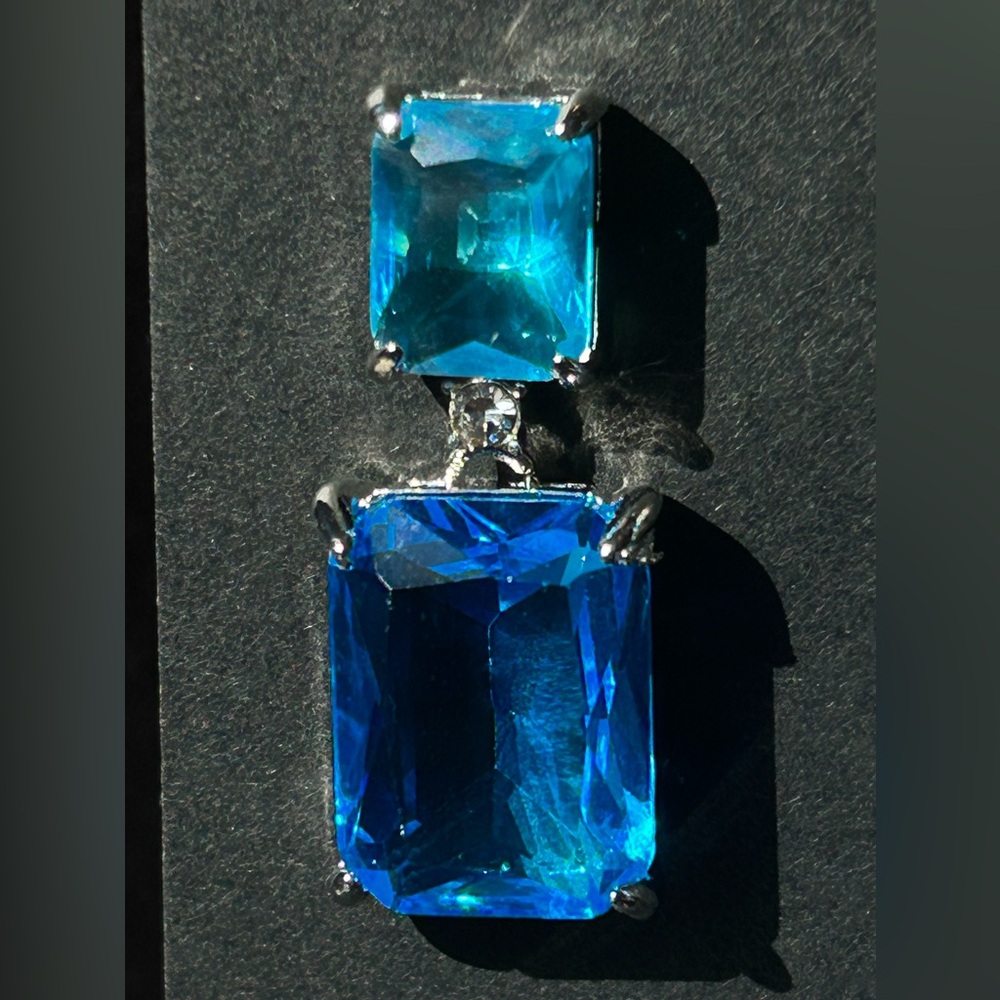 #458 - Blue Rectangular Rhinestone Post Dangle Earrings - Picture 4 of 7